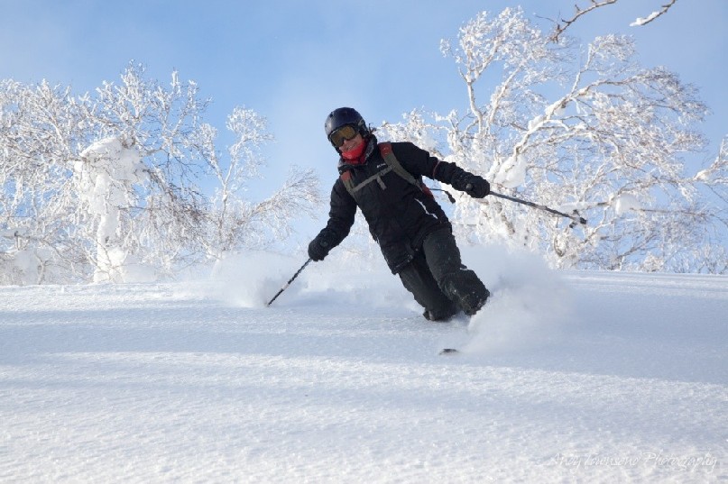 A female telemark skier makes a turn in the soft Hokkaido powder snow at Rusutsu resort.
