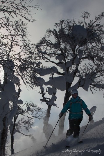 A female skier makes their way through snow laden trees