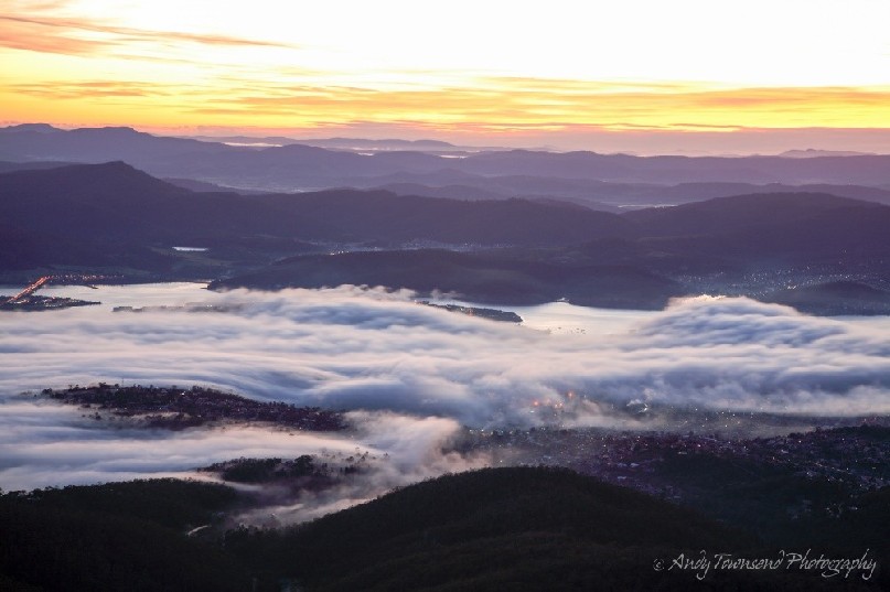 A fog called the 'Bridgewater Jerry' forms over the Derwent river in Hobart
