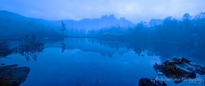 The morning dawns cool and misty and feels eerie in the blue light.