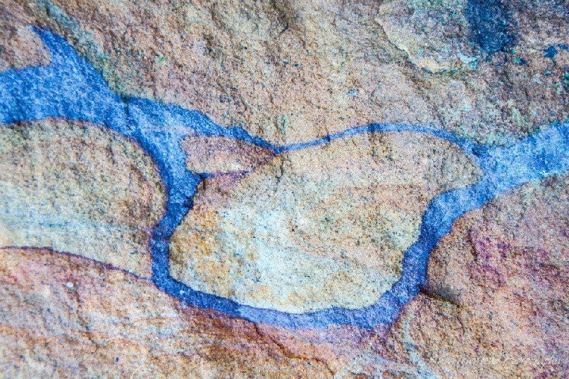 Overlapping circles of ironstone banding in this sandstone wall form beautiful patterns.