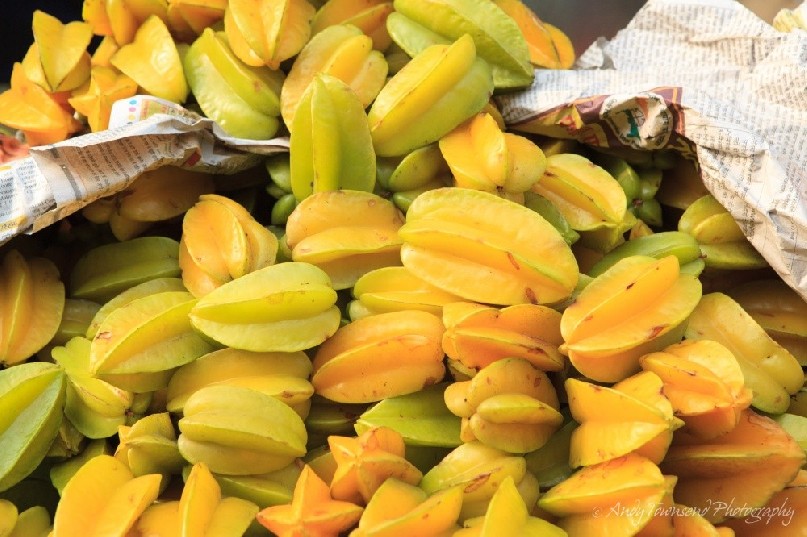 Closeup of Carambola (Averrhoa carambola) at a wholesale vegetable market in Delhi.