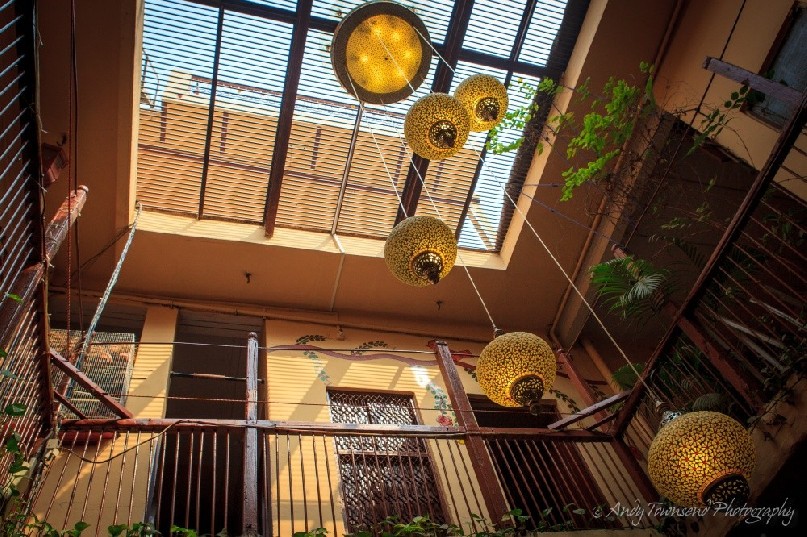 A large skylight lights the courtyard of this old Haveli in Old Delhi.
