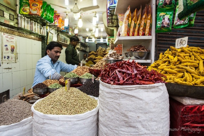 Spice diplays in large sacks sit oldside a spice shop in Delhi.