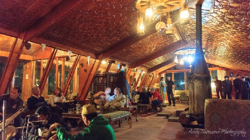 Inside the lounge at the Highlands, a Kashmiri band playing in the left corner.