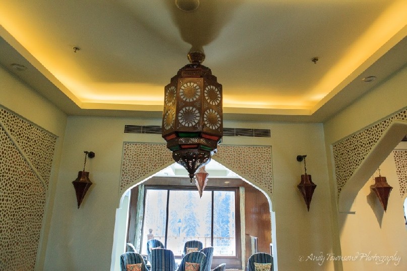 Ornate light fittings and wall decorations in the Khyber hotel.