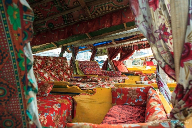 Interior view of a group of Shikaras on Dal Lake.