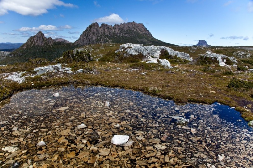 The view from the top of Marions lookout, on the overland track looking towards Cradle Mountain and Barn Bluff.
