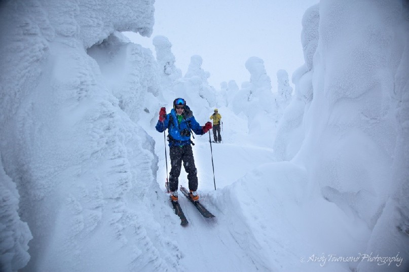 A skier moves through rime-encrusted 'snow monster' trees (Maries’ fir - Abies mariesii) that the Japanese call Juhyo.